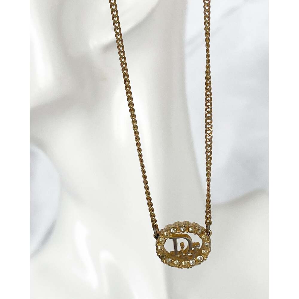 CHRISTIAN DIOR Vintage Crystal Pendant Necklace Dior Lettering Gold Plated